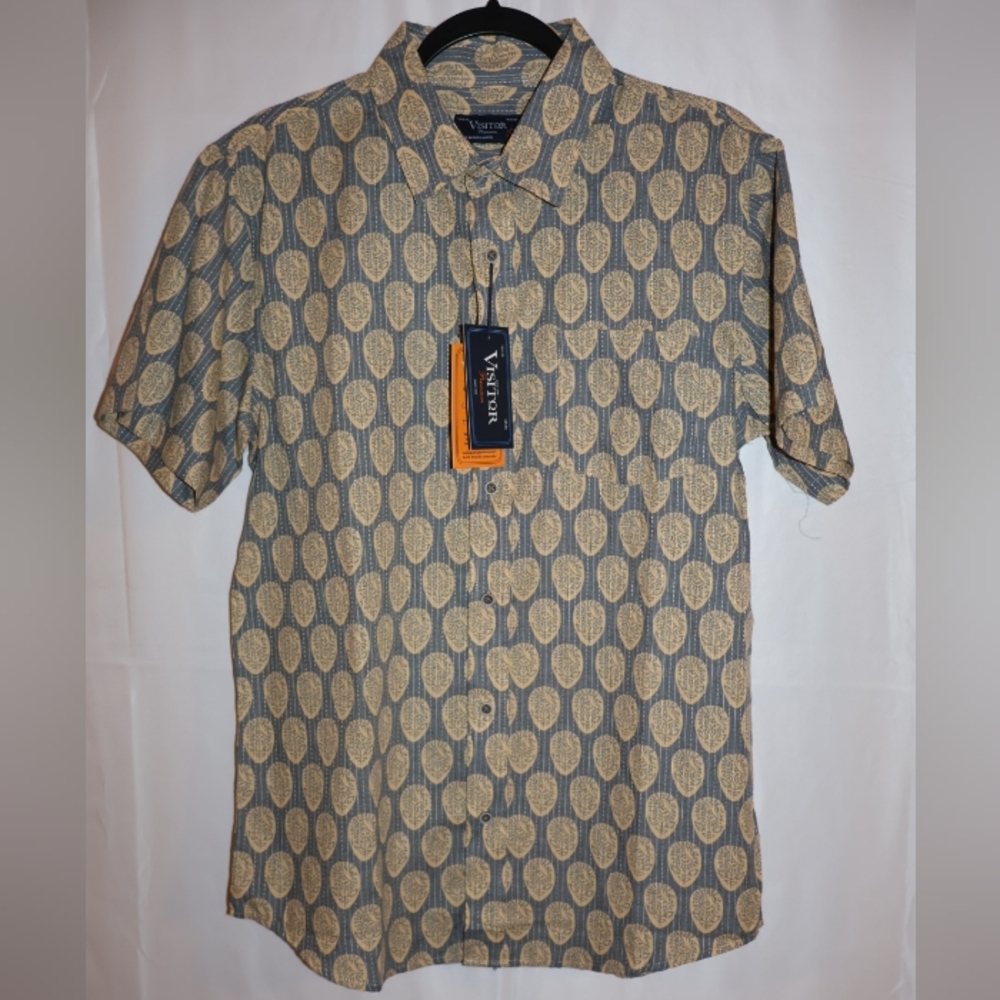 VISITOR Premium Charcoal Button Down Shirt With Floral Patterns. M. NWT.